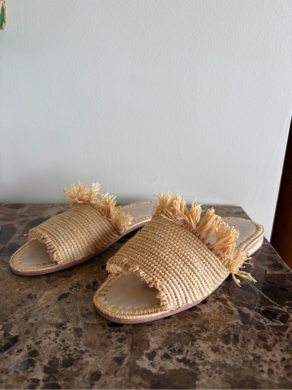 Natural Raffia Slide Sandals - Women